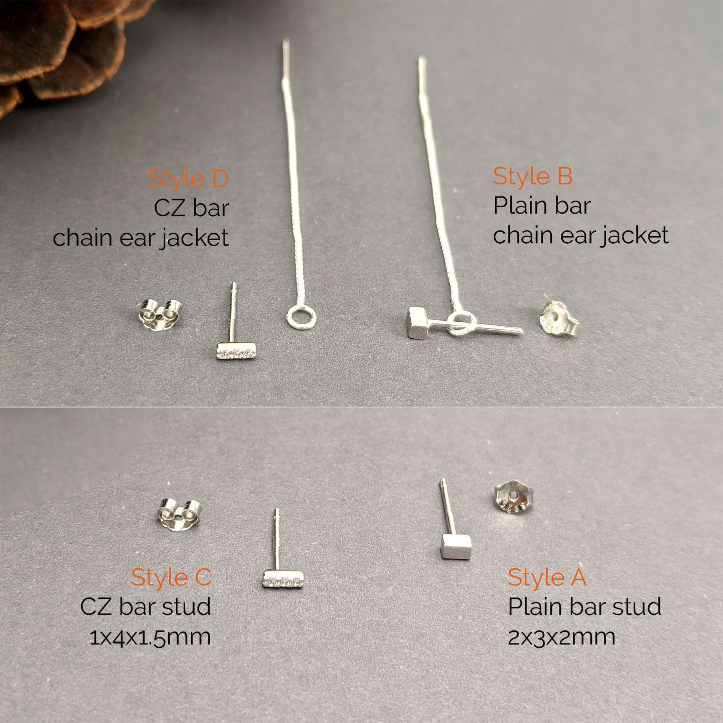 Tiny bar earring CZ bar studs earrings Sterling silver ear jacket Chain earrings Minimalist cube/Short threader earrings Front back earrings  StudioVy   