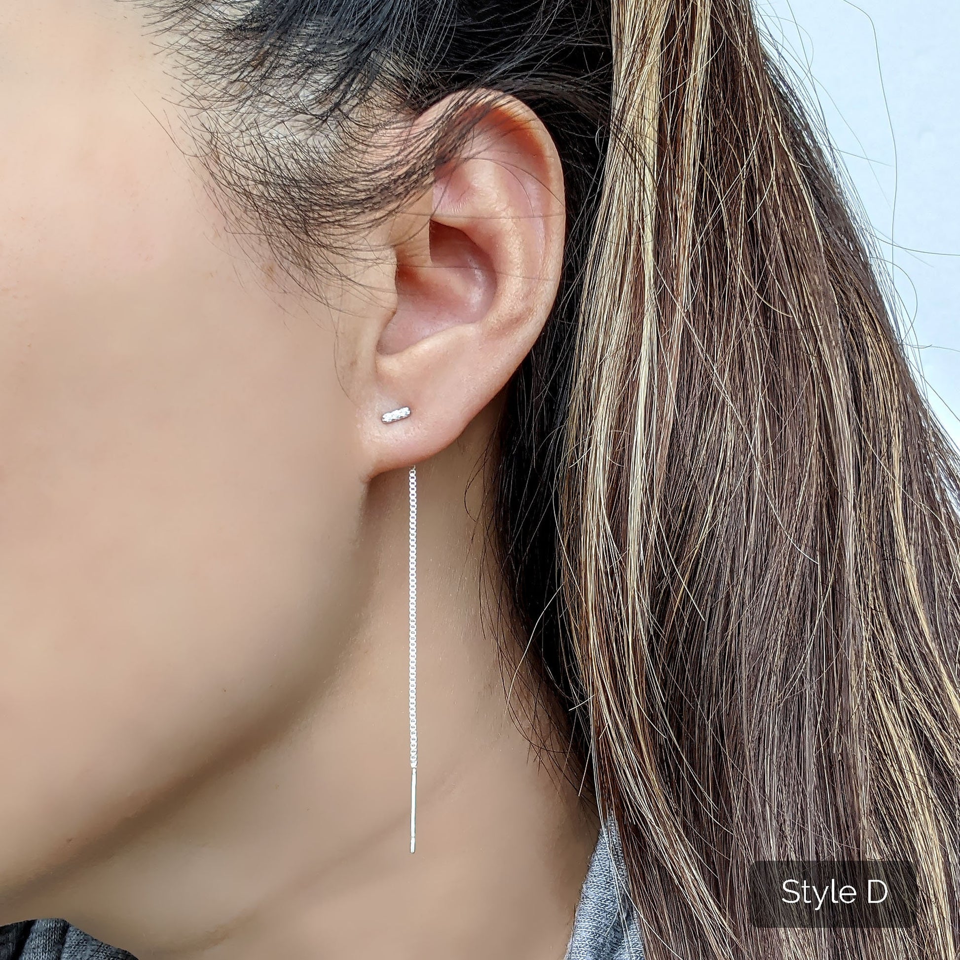 Tiny bar earring CZ bar studs earrings Sterling silver ear jacket Chain earrings Minimalist cube/Short threader earrings Front back earrings  StudioVy   