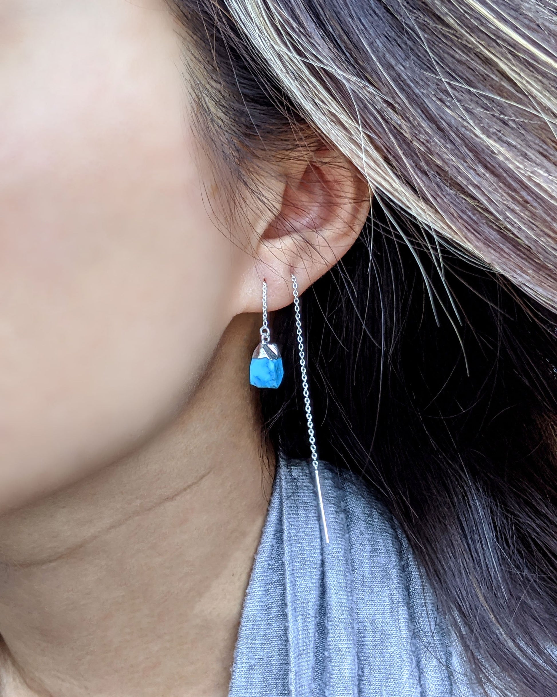 Raw aquamarine earrings Chain threader earrings Sterling silver raw gemstone earrings 40th birthday gifts Women raw crystal earrings drop  StudioVy   