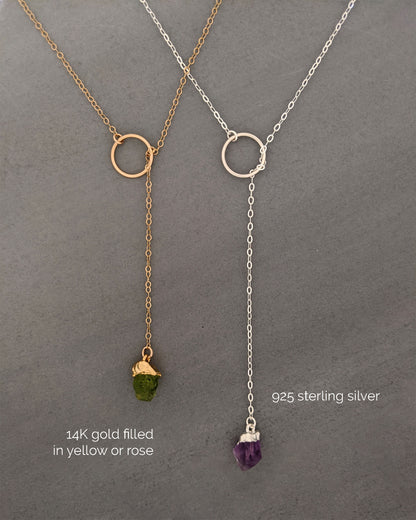 Sterling silver LARIAT necklaces Women raw peridot necklace Raw gemstone necklace Gold rose raw crystal necklace August birthstone necklace  StudioVy   