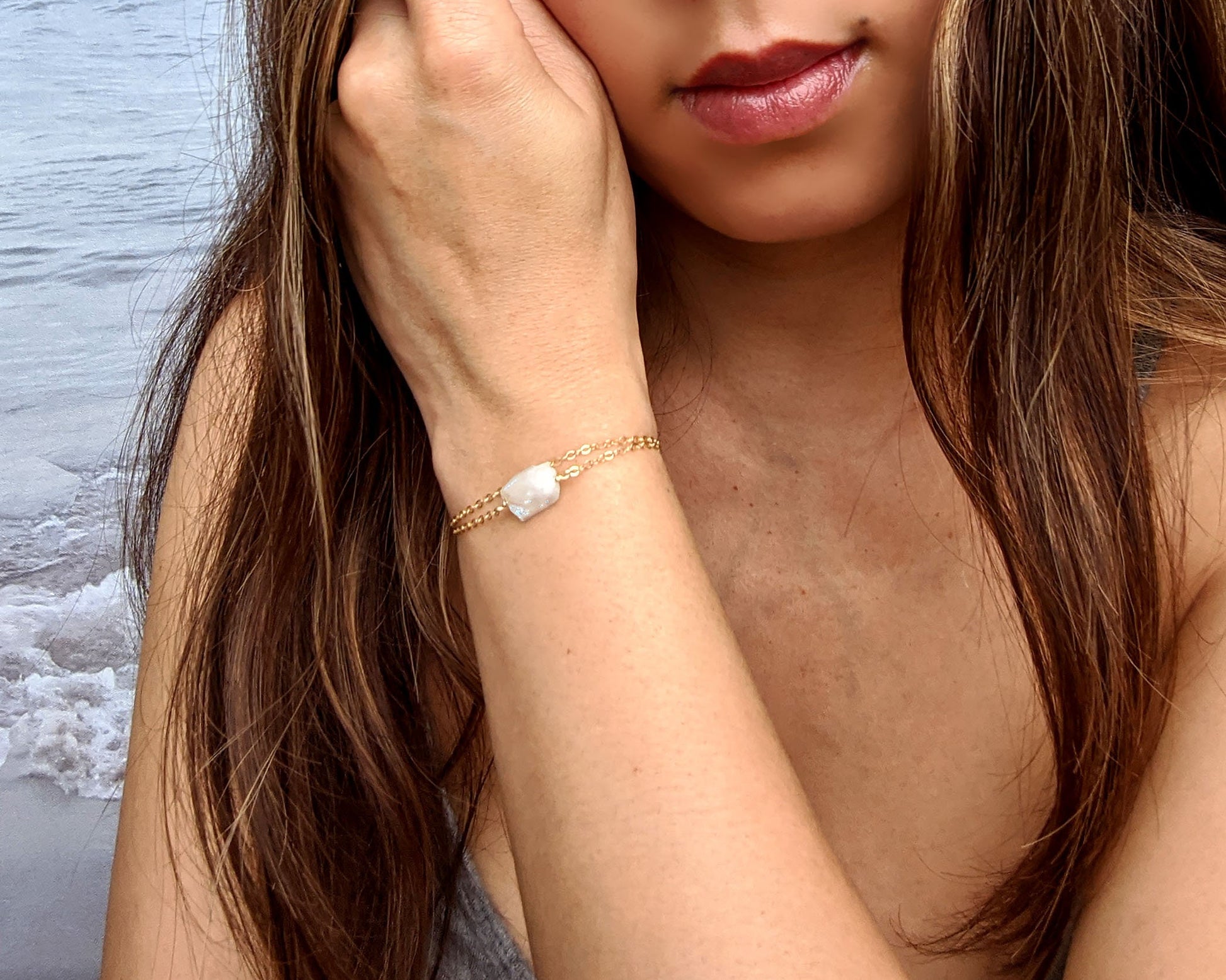 June birthstone bracelet Rainbow moonstone bracelet Raw stone wrap bracelet  StudioVy   