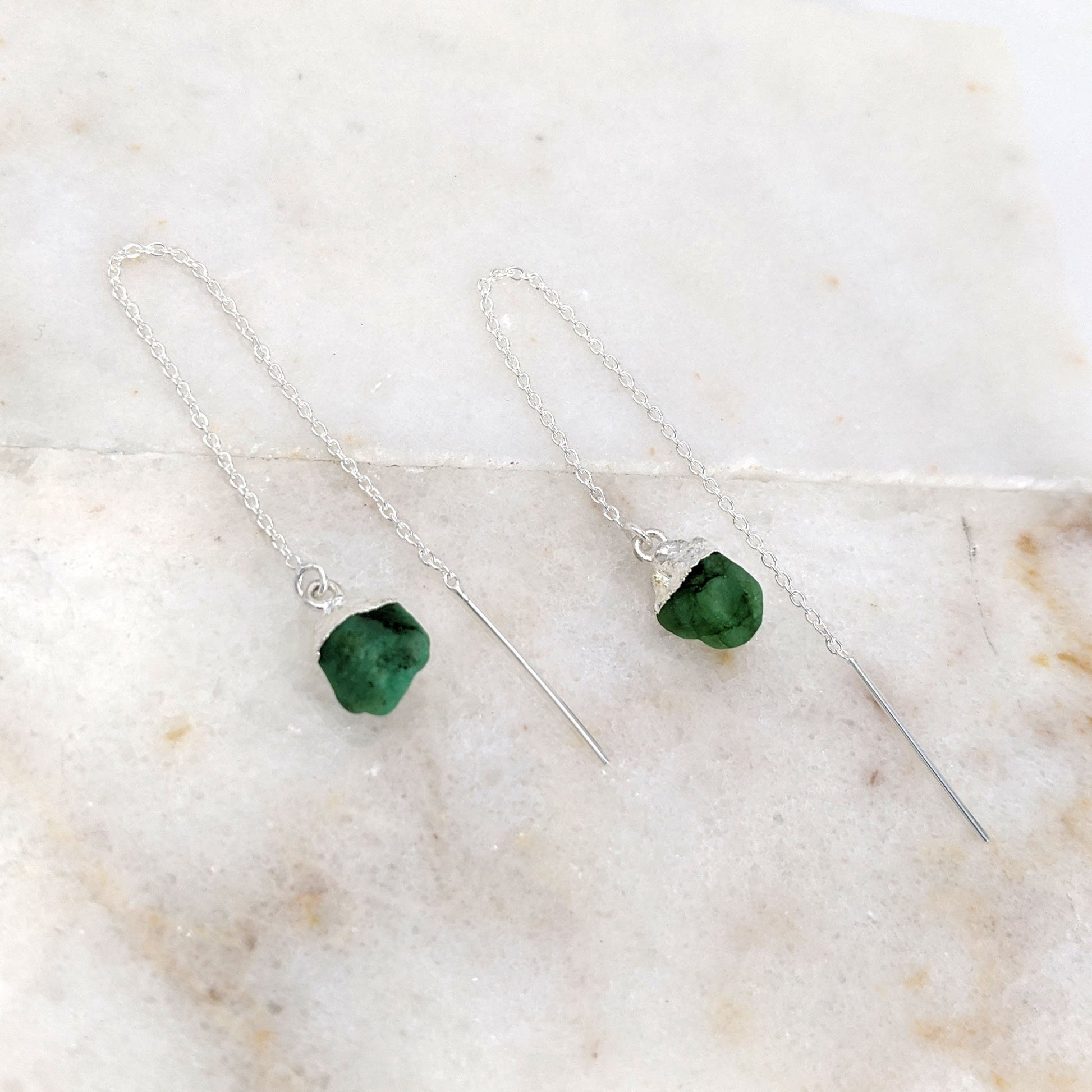 Raw emerald earrings May birthstone earrings Chain threader earrings Sterling Silver-Rose gold Raw crystal earrings Raw gemstone earrings  StudioVy   