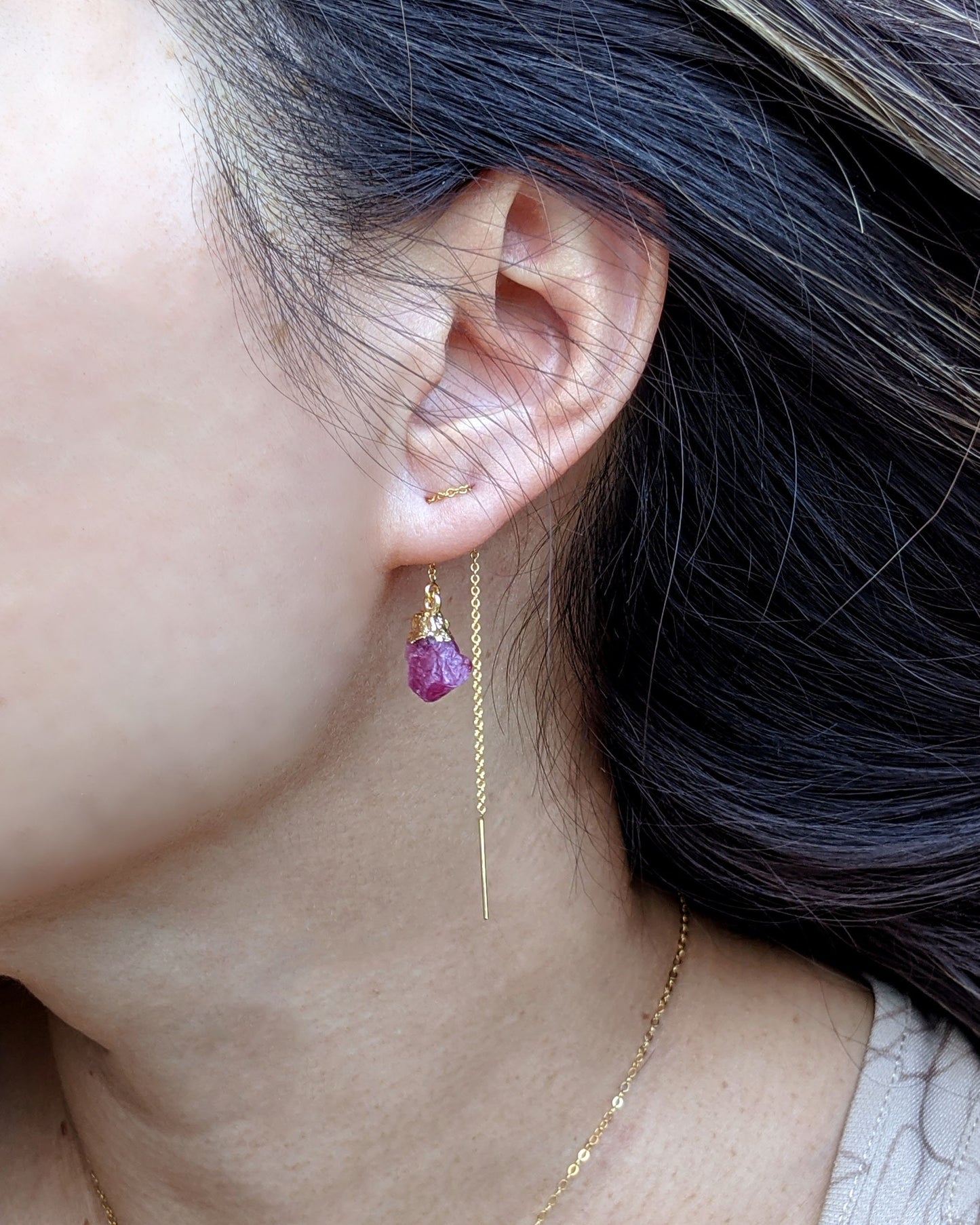 Raw amethyst earrings Genuine raw crystal earrings February birthstone earrings Chain & gemstone threader earrings Rough stone drop earrings  StudioVy   