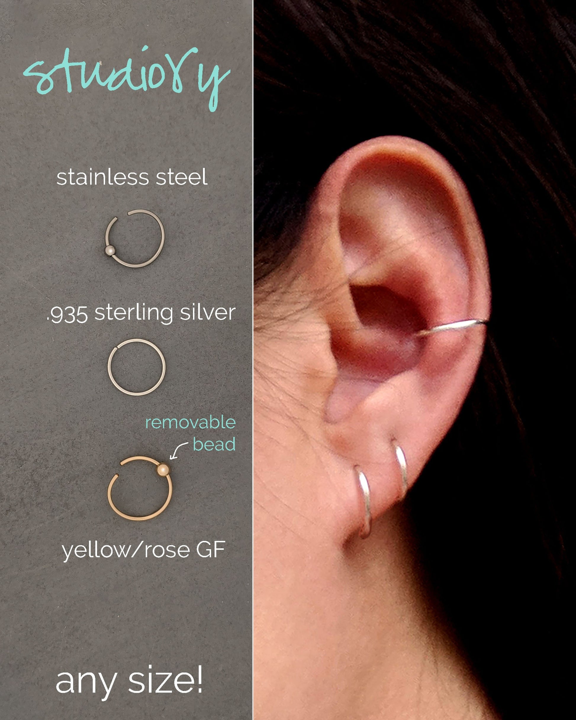 Conch piercing Sterling silver/Gold conch earring Small hoop earrings Bead Conch hoop Rose gold cartilage earring Ear cuff Belly button ring  StudioVy   