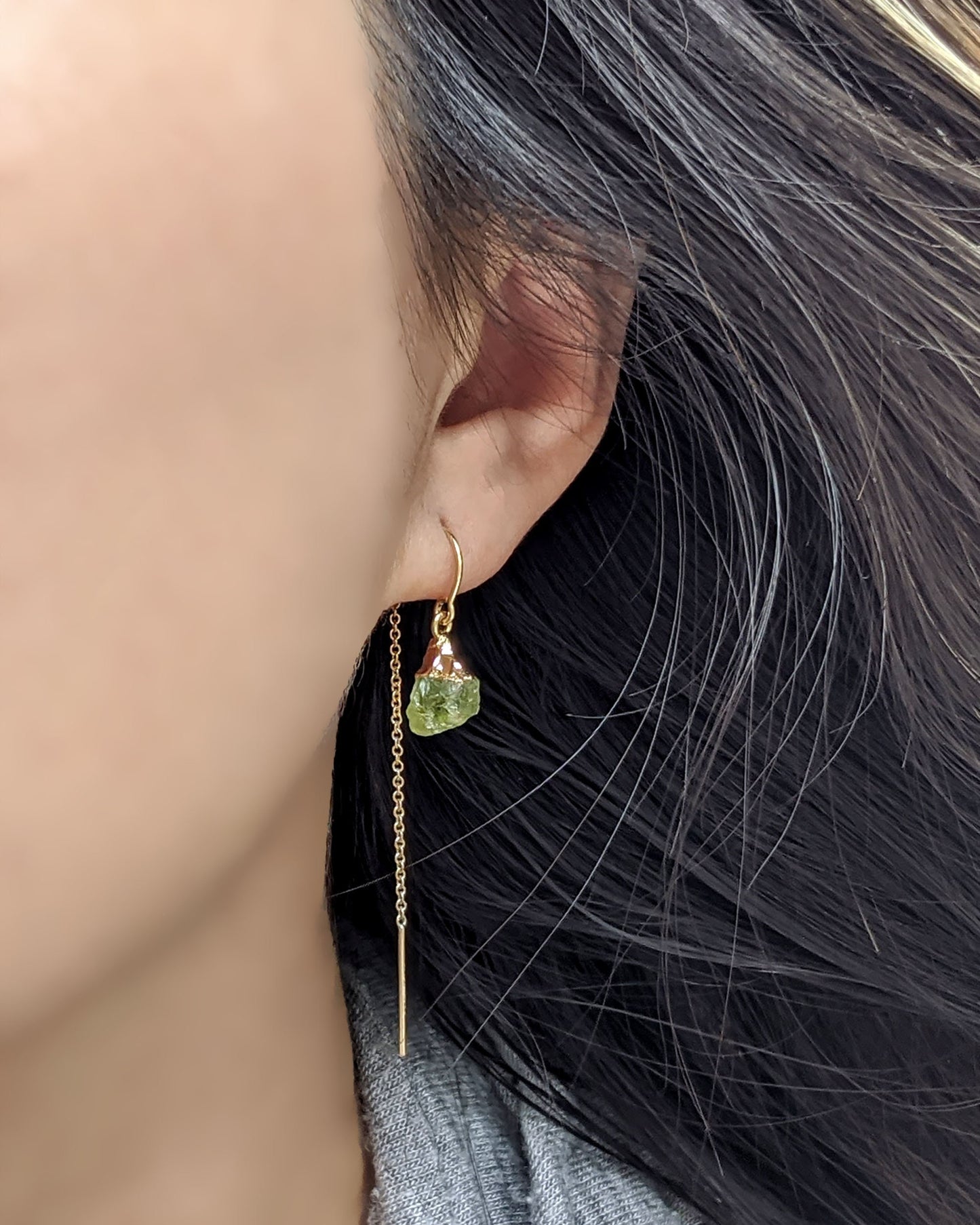 Raw peridot earrings Genuine birthstone earrings Raw crystal earrings Dangle/Drop chain threader earrings Raw gemstone earrings August gifts  StudioVy   