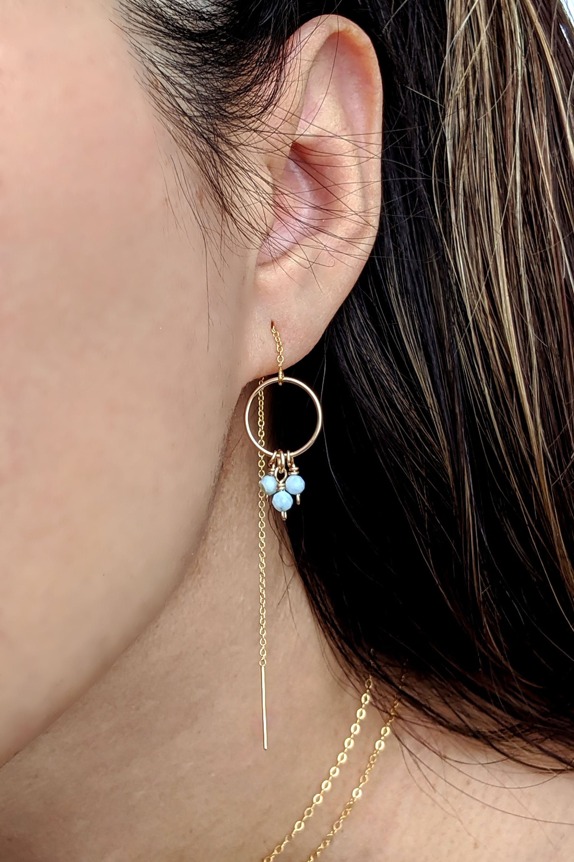 Genuine larimar earrings Sterling silver-Rose gold threader earrings Something Blue for bride Front back dangle earrings Birthstone earrings  StudioVy   