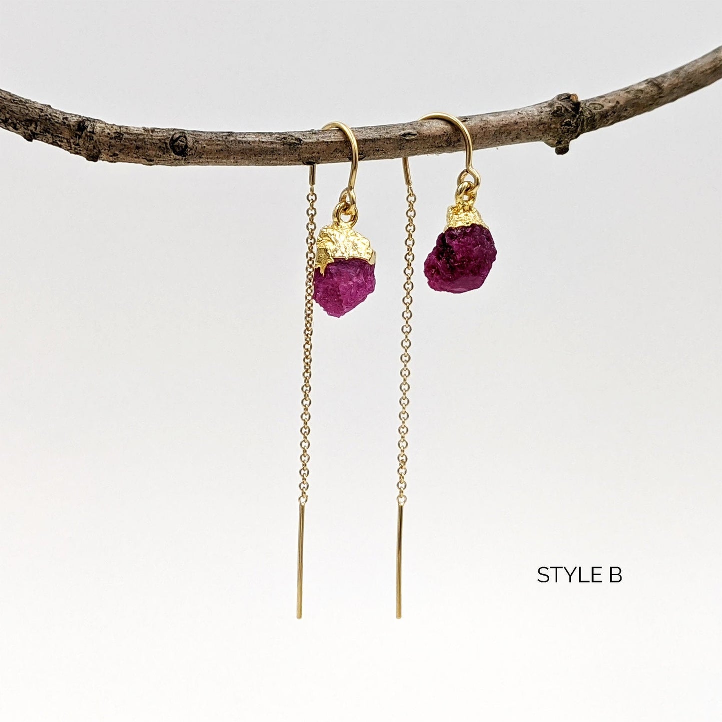 Raw ruby earrings Natural raw crystal earrings Birthstone threader earrings Dangle raw gemstone earring Sterling silver/Rose gold drop chain  StudioVy   