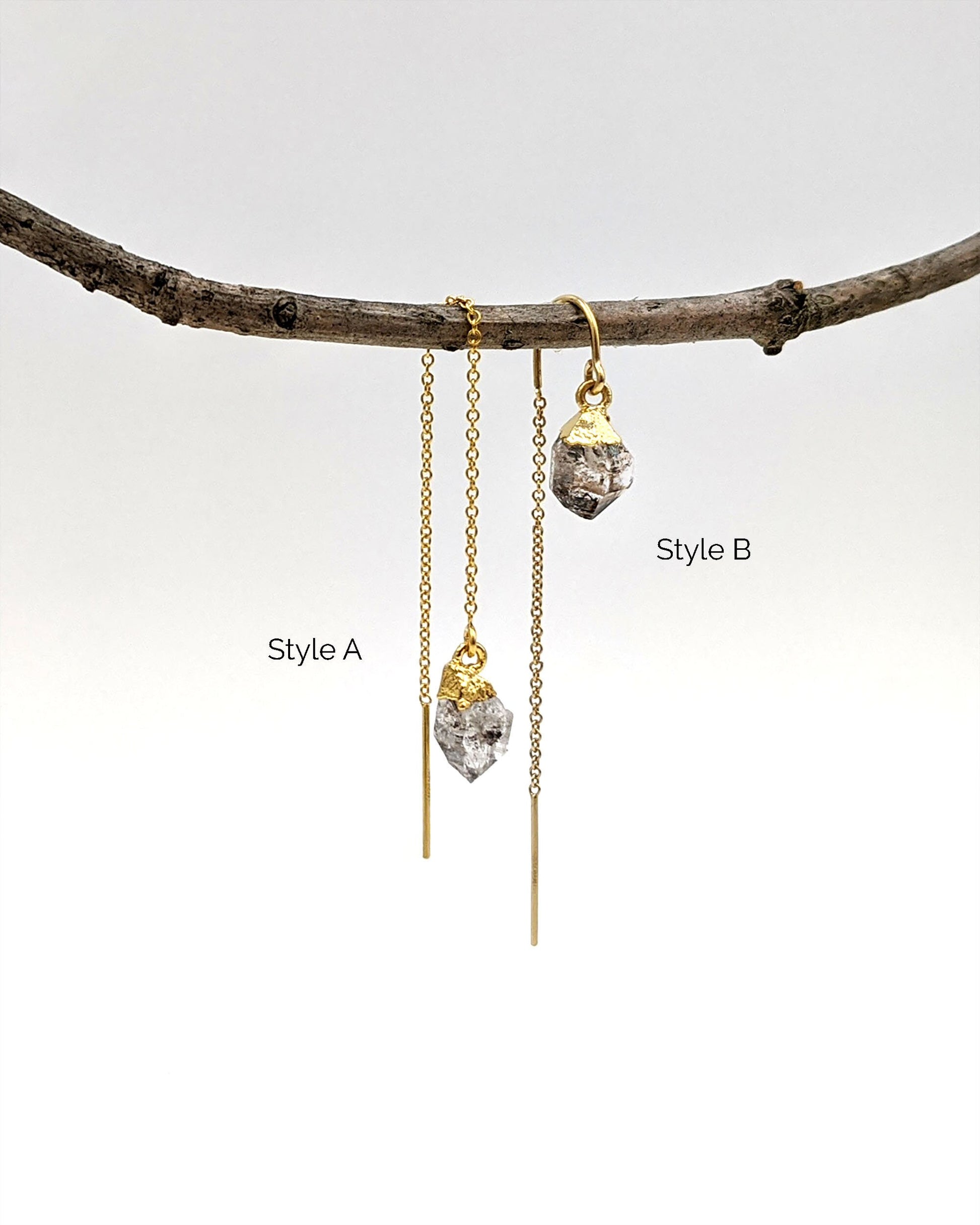 Herkimer diamond earrings Raw diamond earrings Raw crystal earrings Chain threader earrings Dangle raw gemstone earrings Gold-Rose-Silver  StudioVy   