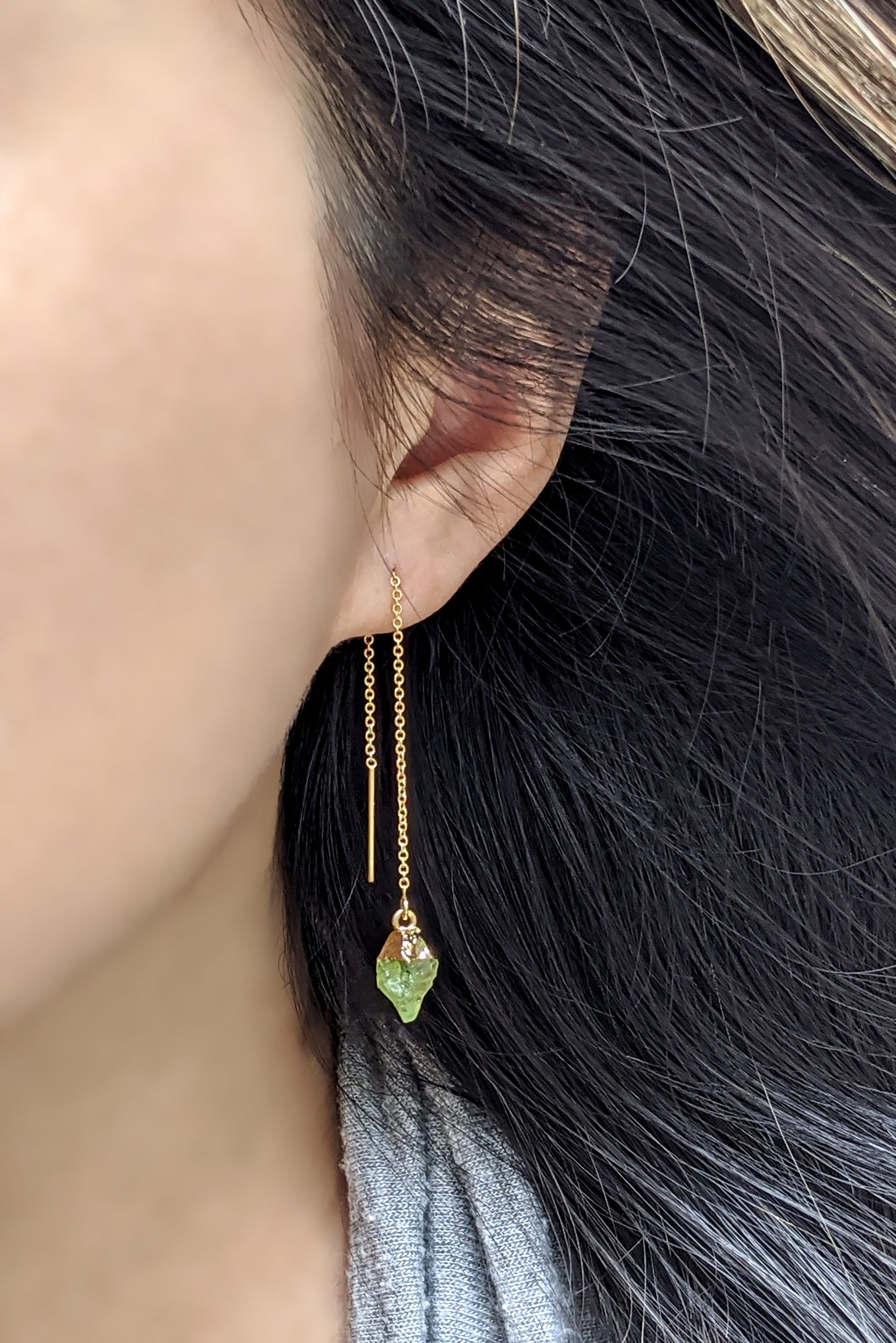 Raw peridot earrings Genuine birthstone earrings Raw crystal earrings Dangle/Drop chain threader earrings Raw gemstone earrings August gifts  StudioVy   