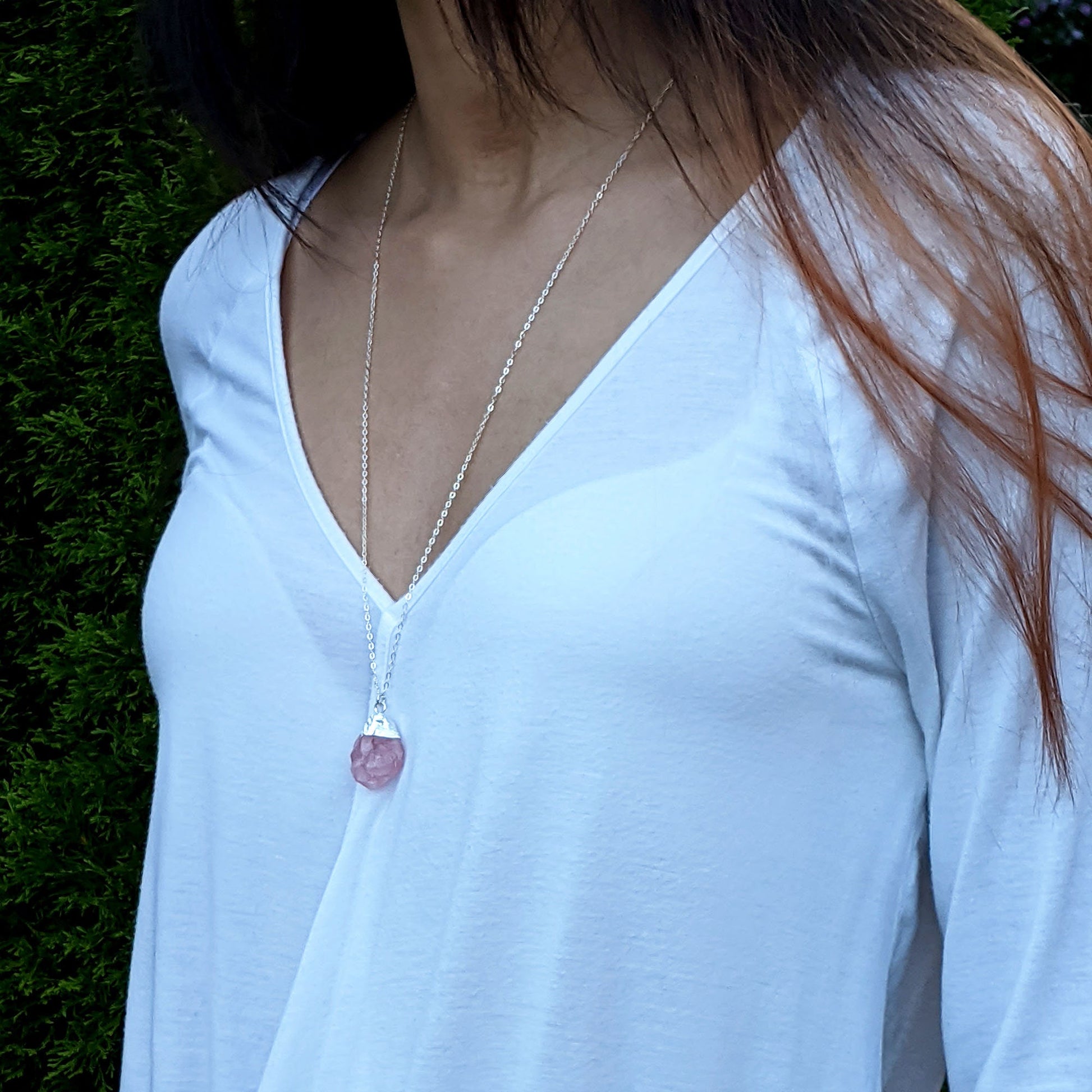 Rose quartz pendant Large Raw rose quartz necklace Rose gold-Silver Raw crystal necklace Raw gemstone necklace October birthstone necklace  StudioVy   