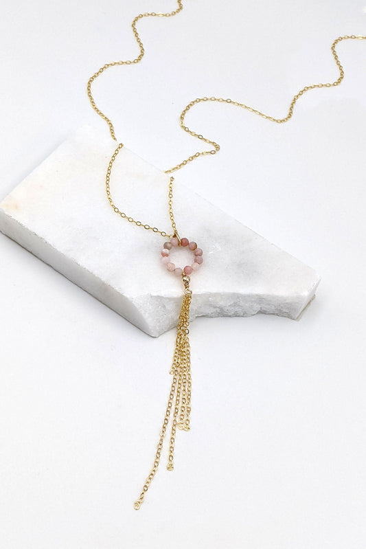 Silver-Rose-Gold tassel necklace Pink opal necklace Short/Long Y necklace Crystal gemstone lariat necklace Heart chakra necklace Sister gift  StudioVy   