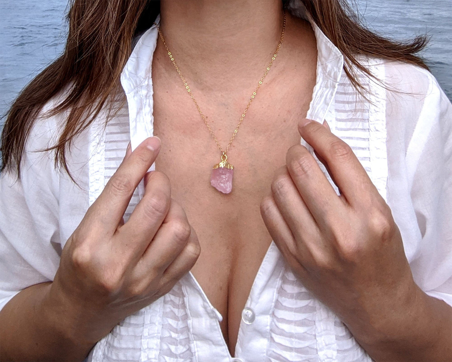 Rose quartz pendant Large Raw rose quartz necklace Rose gold-Silver Raw crystal necklace Raw gemstone necklace October birthstone necklace  StudioVy   