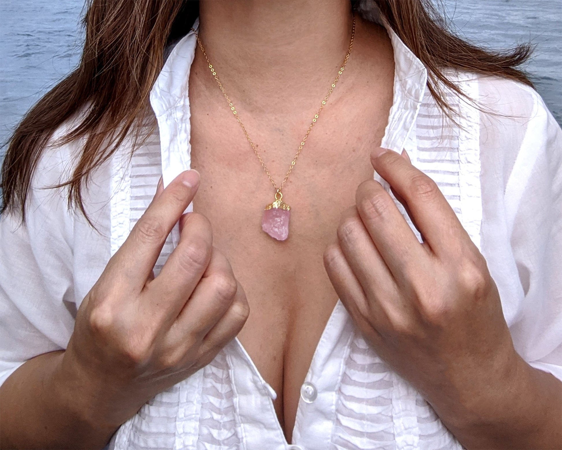 Rose quartz pendant Large Raw rose quartz necklace Rose gold-Silver Raw crystal necklace Raw gemstone necklace October birthstone necklace  StudioVy   