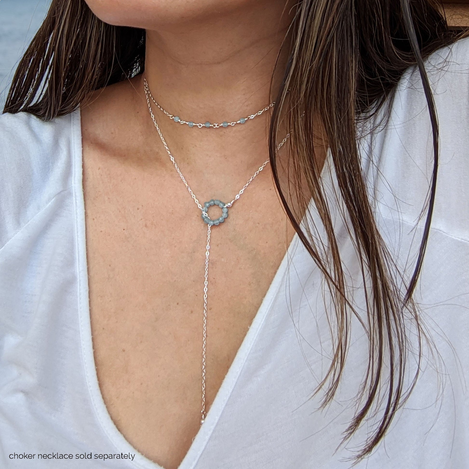 Aquamarine necklace Silver/Rose gold lariat necklaces Women lariat choker Y necklace Gold March birthstone necklace Dainty beaded gemstone  StudioVy   