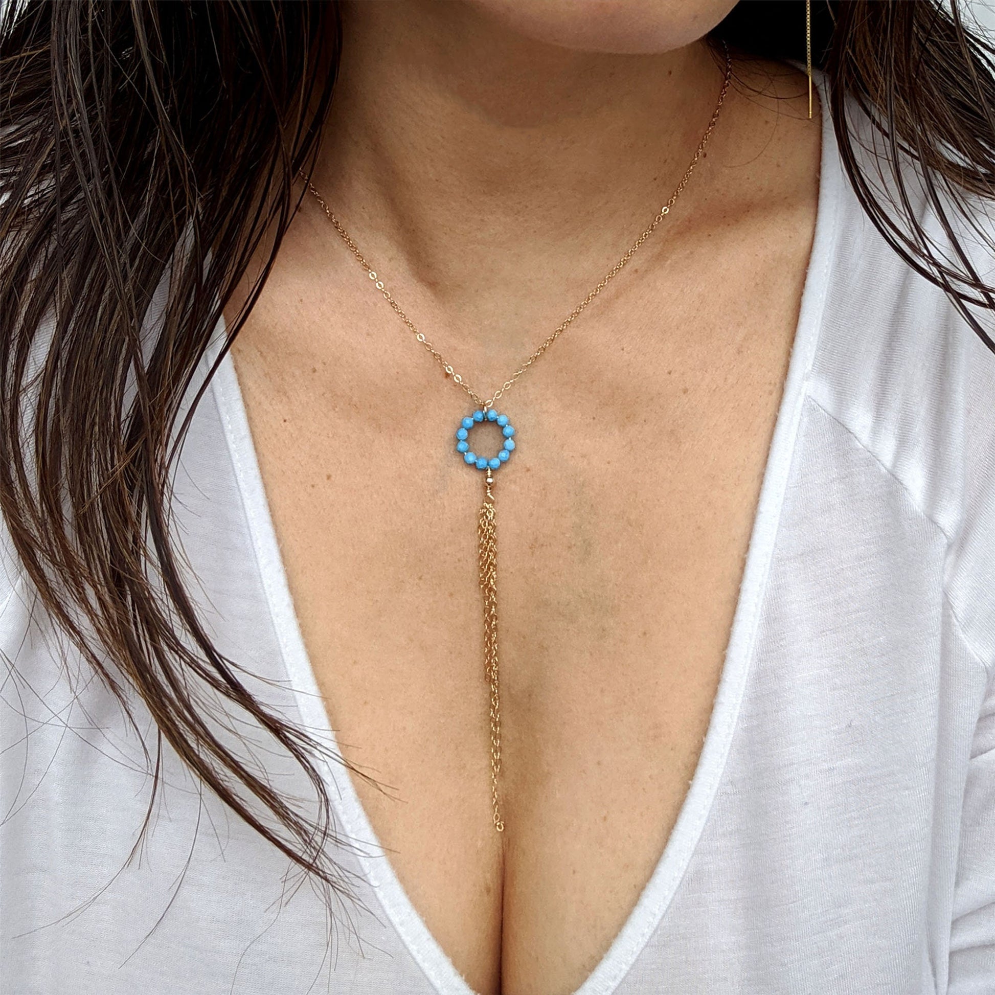 Blue sapphire necklace Silver sapphire lariat necklace Gemstone circle Y necklace with chain tassel Rose gold September birthstone necklace  StudioVy   