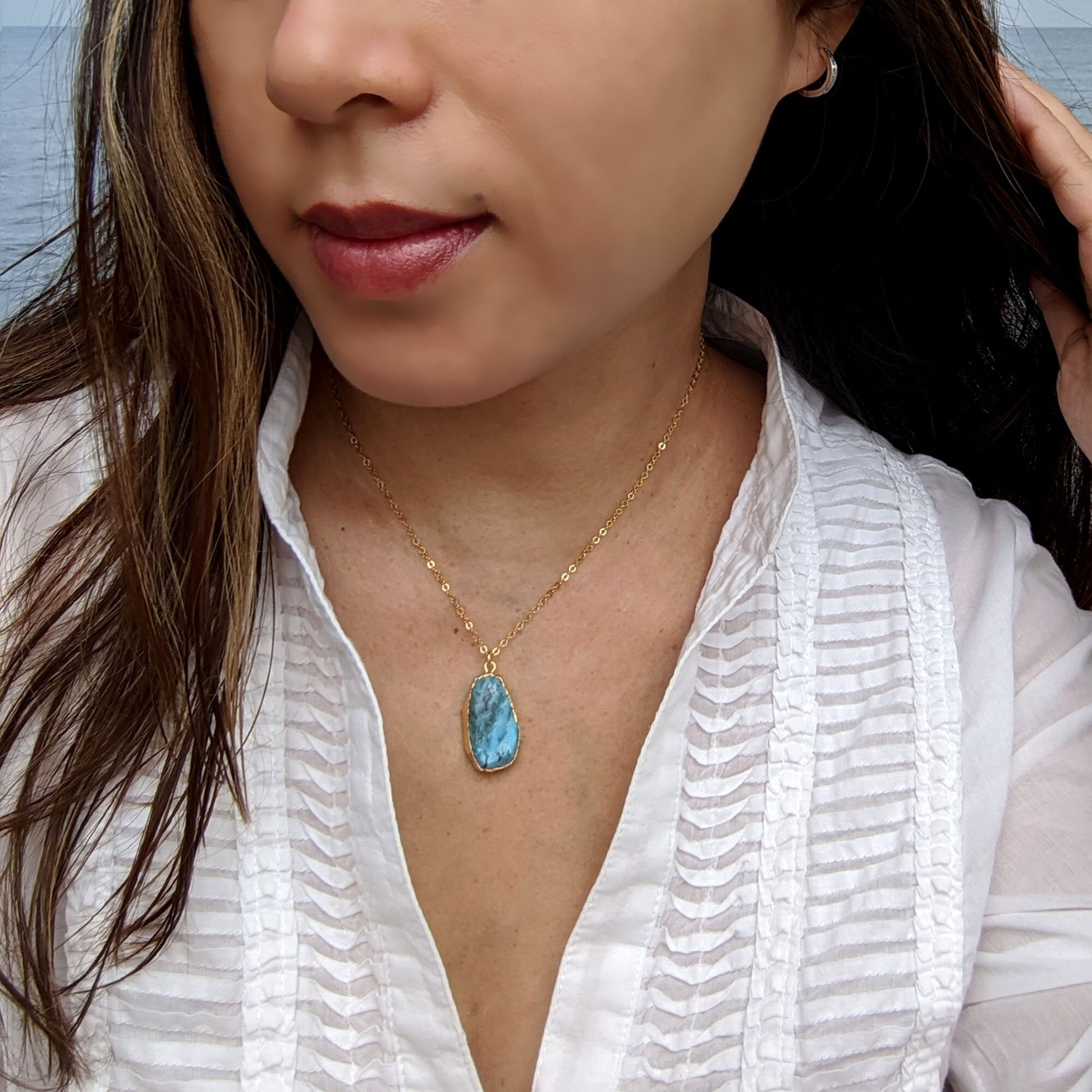 Edge electroformed jewelry Chunky turquoise necklace Large raw turquoise pendant Raw gemstone necklace Slice stone chakra necklace for women  studioVy   