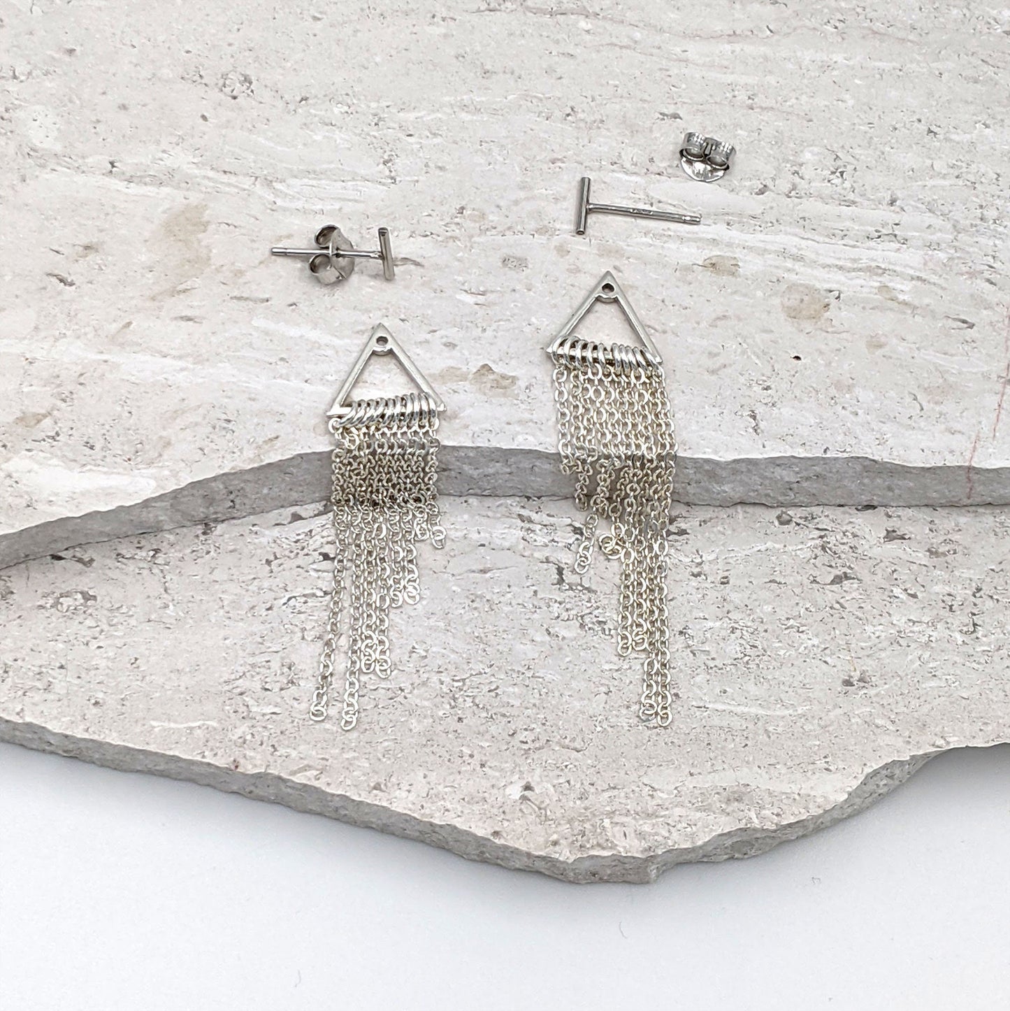 Chain tassel earrings Sterling silver ear jacket earrings w/ tiny ball or bar studs earrings Metal fringe earrings Modern bohemian earrings  StudioVy   