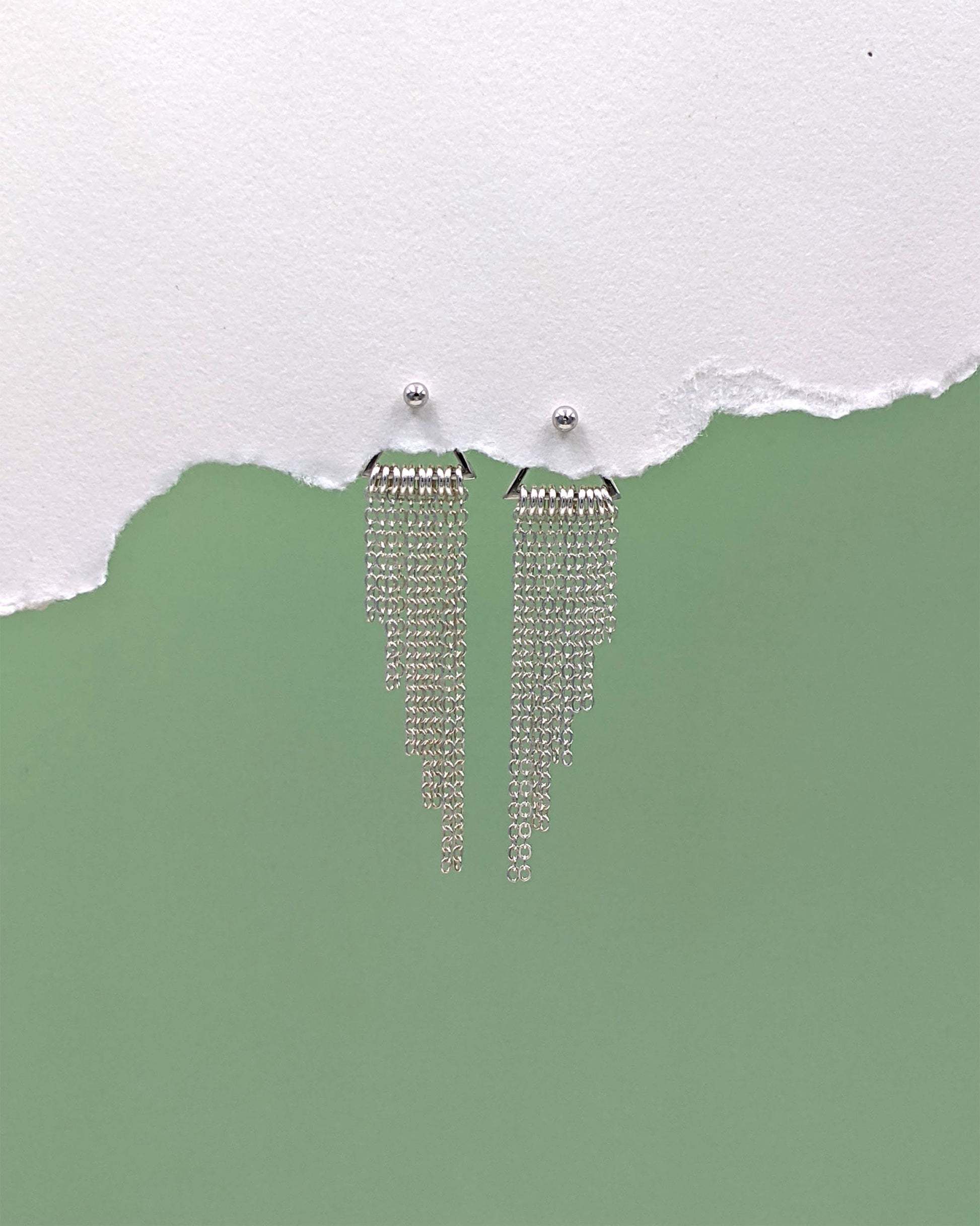 Chain tassel earrings Sterling silver ear jacket earrings w/ tiny ball or bar studs earrings Metal fringe earrings Modern bohemian earrings  StudioVy   
