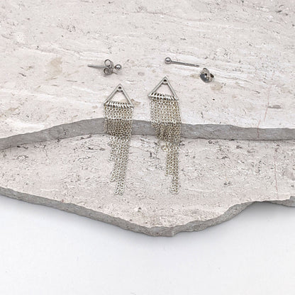 Chain tassel earrings Sterling silver ear jacket earrings w/ tiny ball or bar studs earrings Metal fringe earrings Modern bohemian earrings  StudioVy   