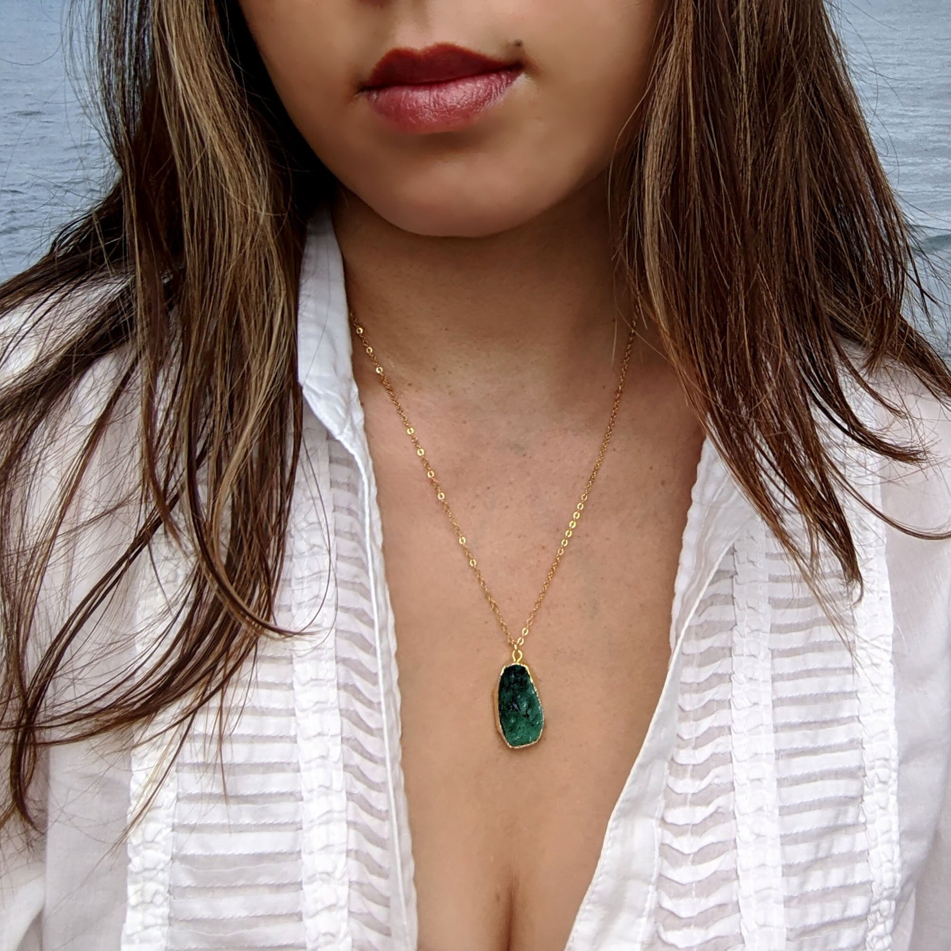 Large raw emerald pendant necklace Raw emerald necklace Raw gemstone electroformed jewelry May birthstone necklace 40th birthday gifts women  StudioVy   