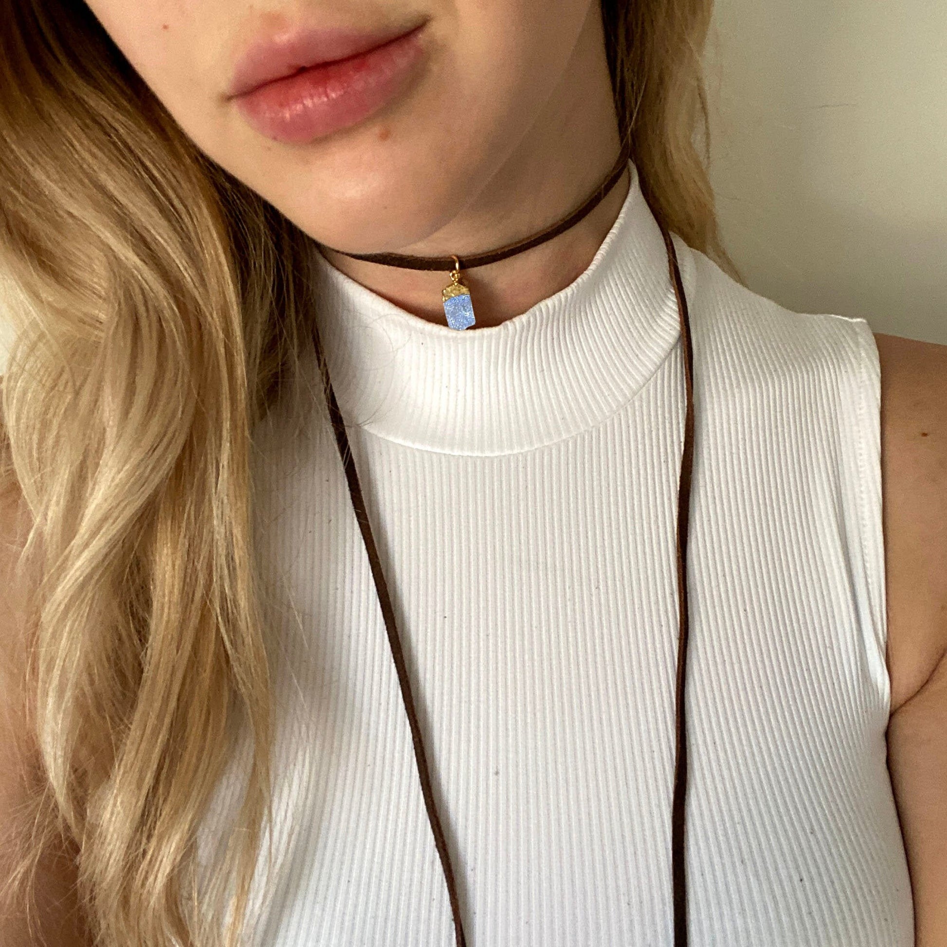 M-L rainbow moonstone necklace Wrap leather choker Raw moonstone necklace Moon stone raw gemstone necklace 40th-60th birthday gifts women  StudioVy   