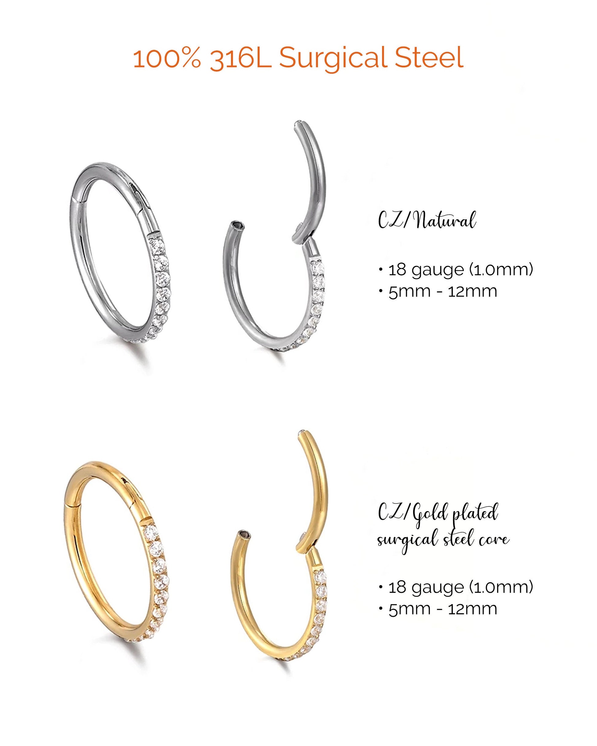 Small hoop earrings Surgical steel earrings Forward helix earring Stud CZ Conch piercing Tragus piercing Cartilage hoop Nose/Septum ring 8mm  StudioVy   