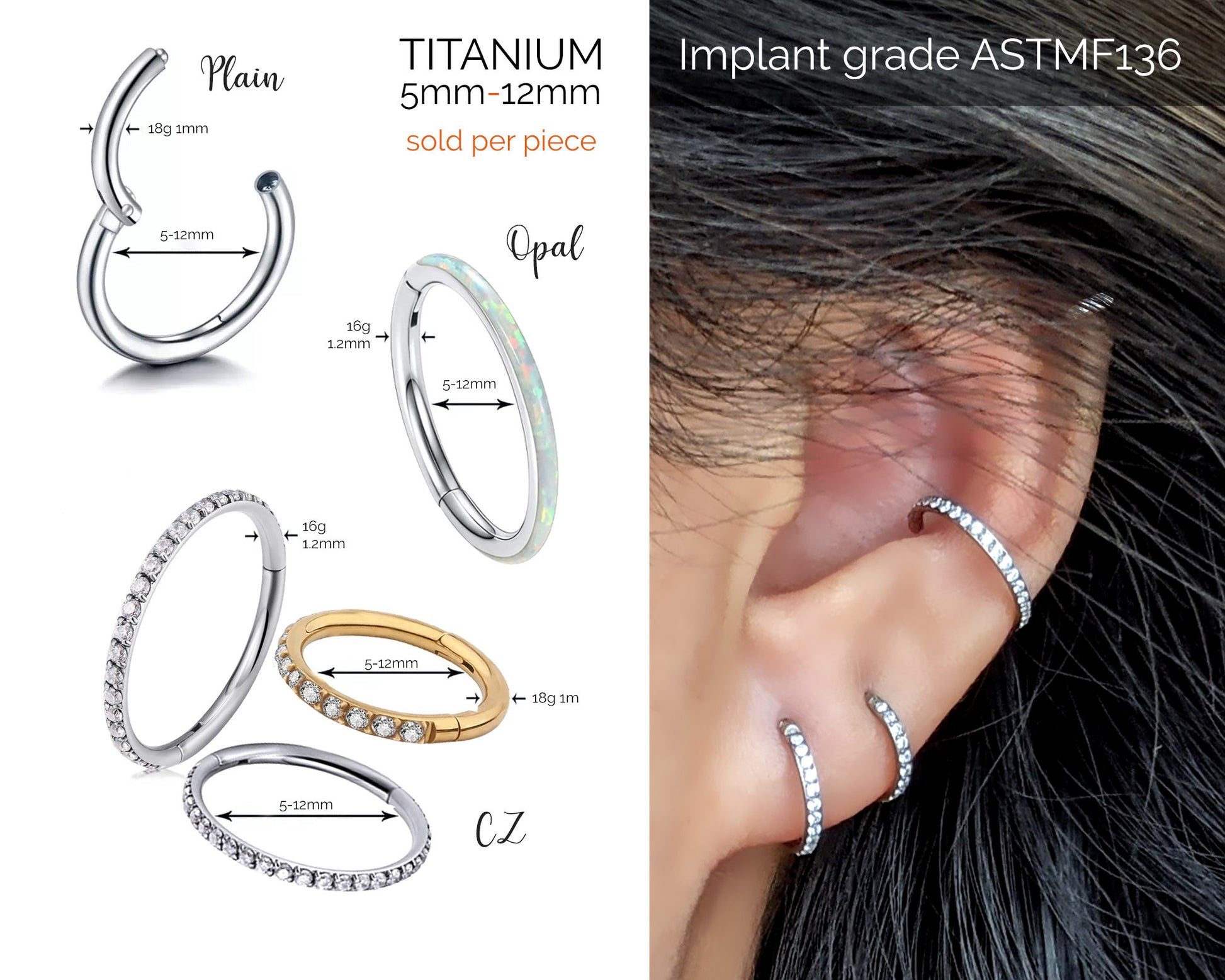 Titanium earrings 18g/16g Small hoop earrings CZ/Opal huggie earrings Cartilage earring Tiny forward helix earring Conch hoop Daith piercing  StudioVy   