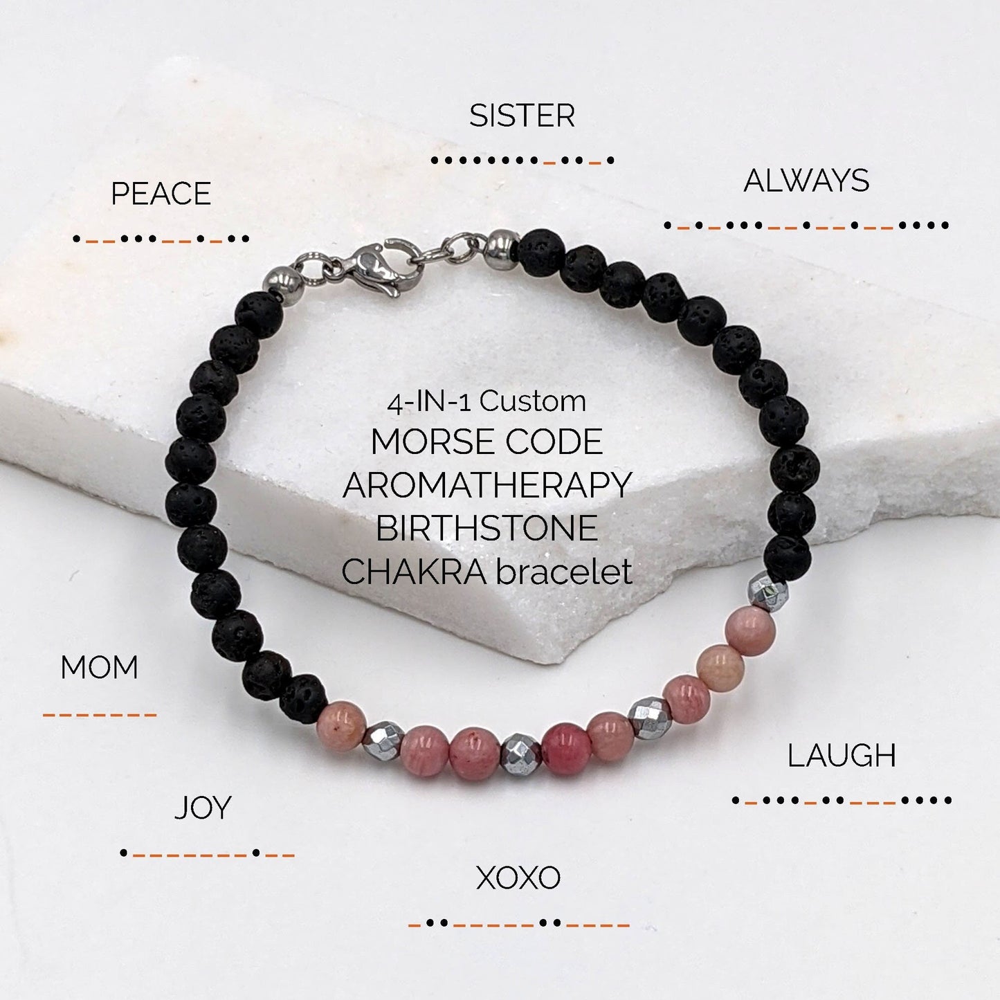 Morse code necklace/Morse code bracelet Rhodochrosite necklace Anxiety bracelet/Aromatherapy diffuser bracelet w chakra gemstone birthstone  studioVy   