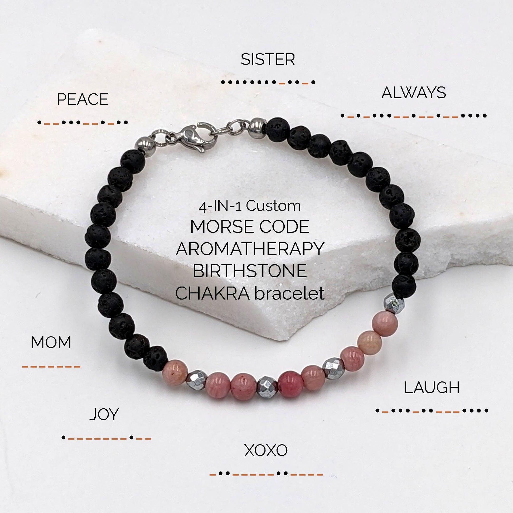 Morse code necklace/Morse code bracelet Rhodochrosite necklace Anxiety bracelet/Aromatherapy diffuser bracelet w chakra gemstone birthstone  studioVy   