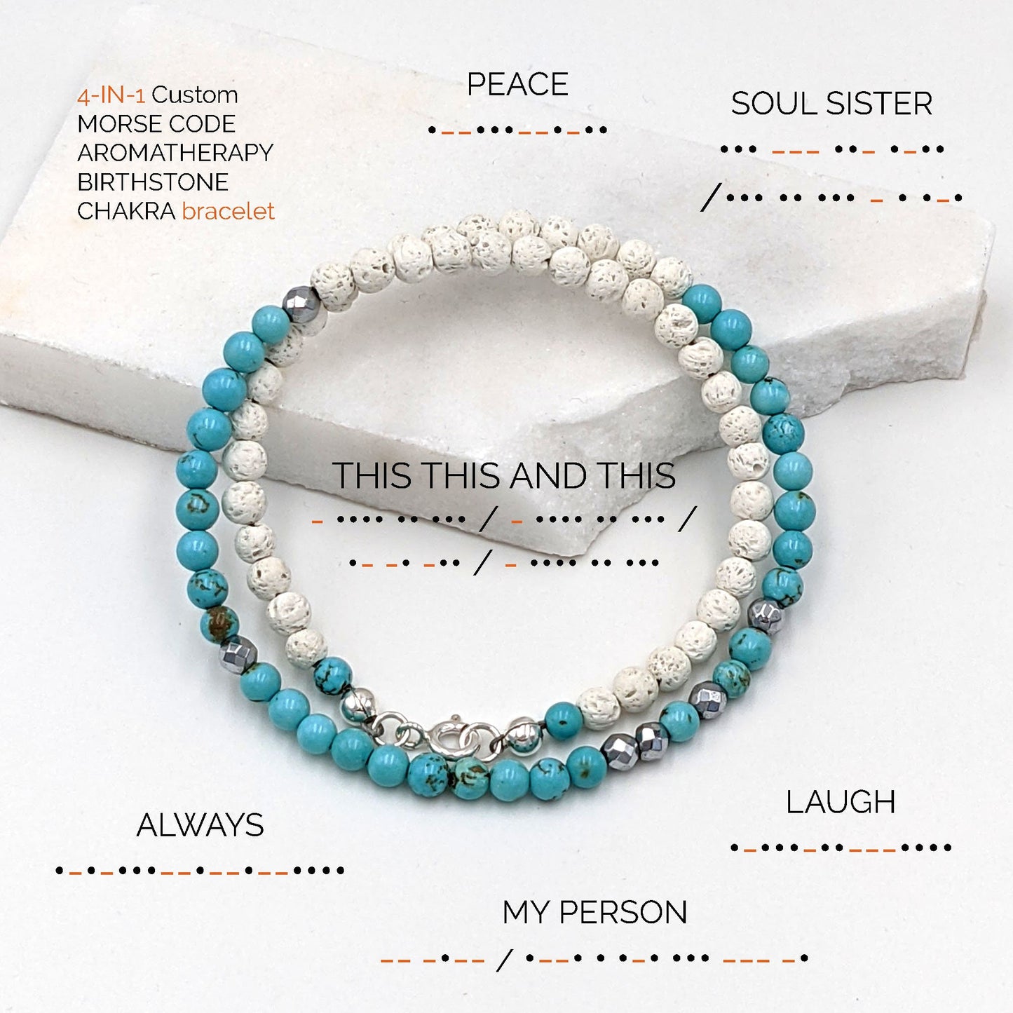 4-in-1 Morse code bracelet CUSTOM Morse code necklace Turquoise choker Anxiety bracelet/Aromatherapy bracelet December birthstone necklace  studioVy   
