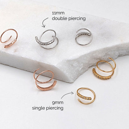 CZ spiral hoop earrings for single/double piercing, silver/rose-gold vermeil  StudioVy   