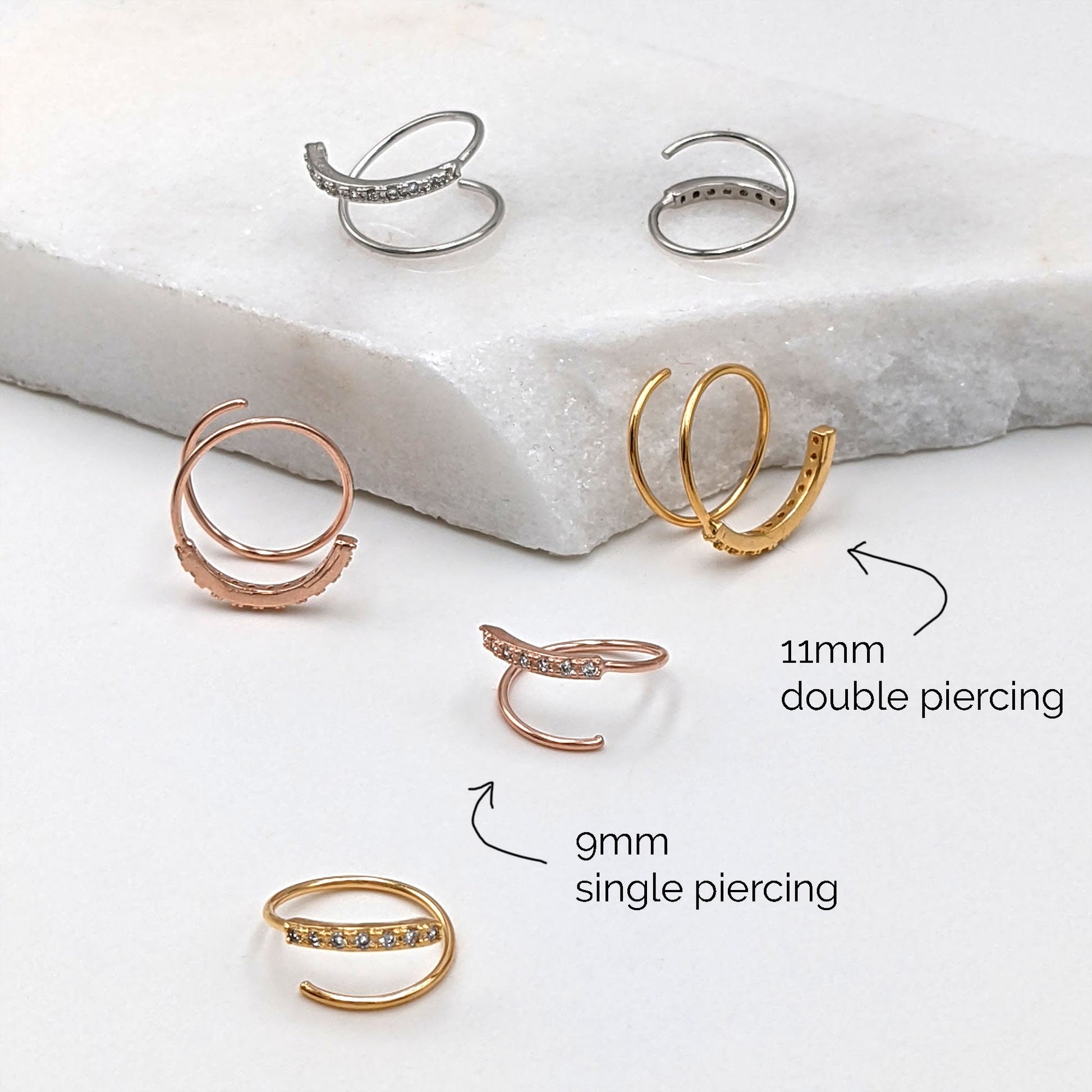 Single or Double piercing earrings | CZ double spiral hoop earrings  StudioVy   