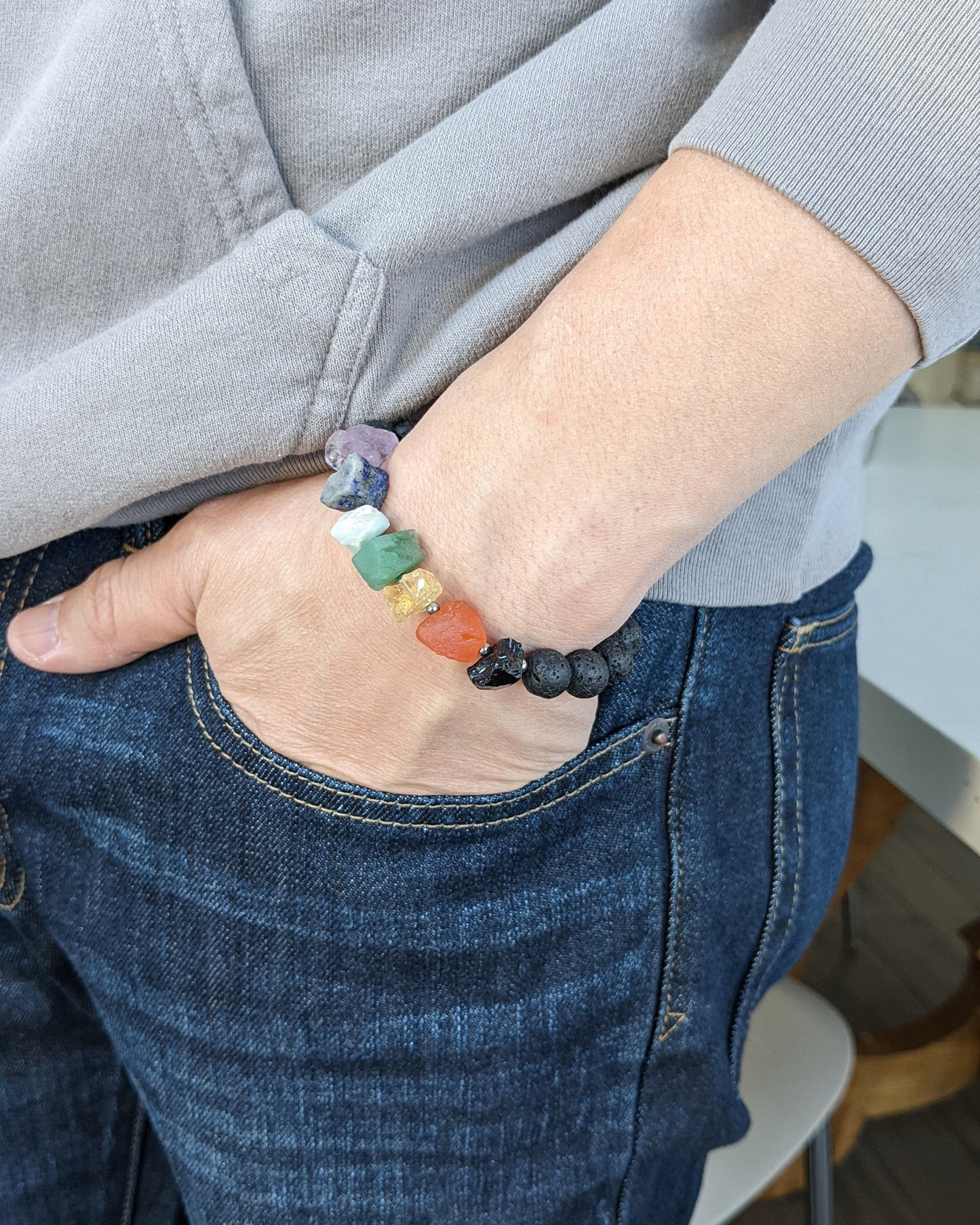 7 chakra bracelet w chunky raw gemstones & lava stone for aromatherapy  StudioVy   