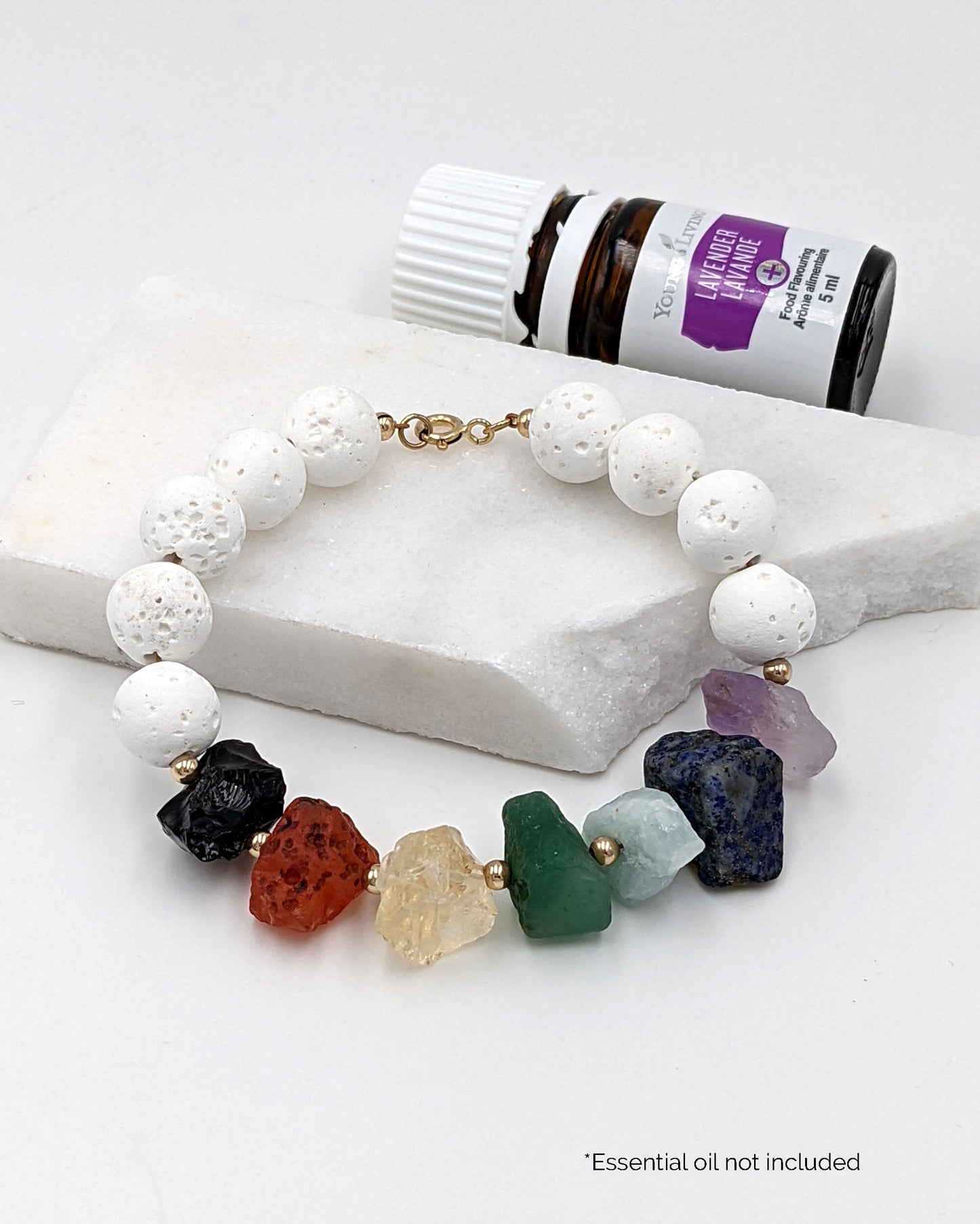 7 chakra bracelet w chunky raw gemstones & lava stone for aromatherapy  StudioVy Stainless Steel Aromatherapy/White 