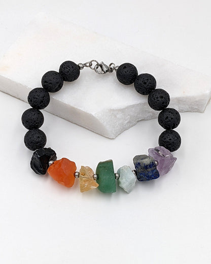 7 chakra bracelet w chunky raw gemstones & lava stone for aromatherapy  StudioVy Stainless Steel Aromatherapy/Black 