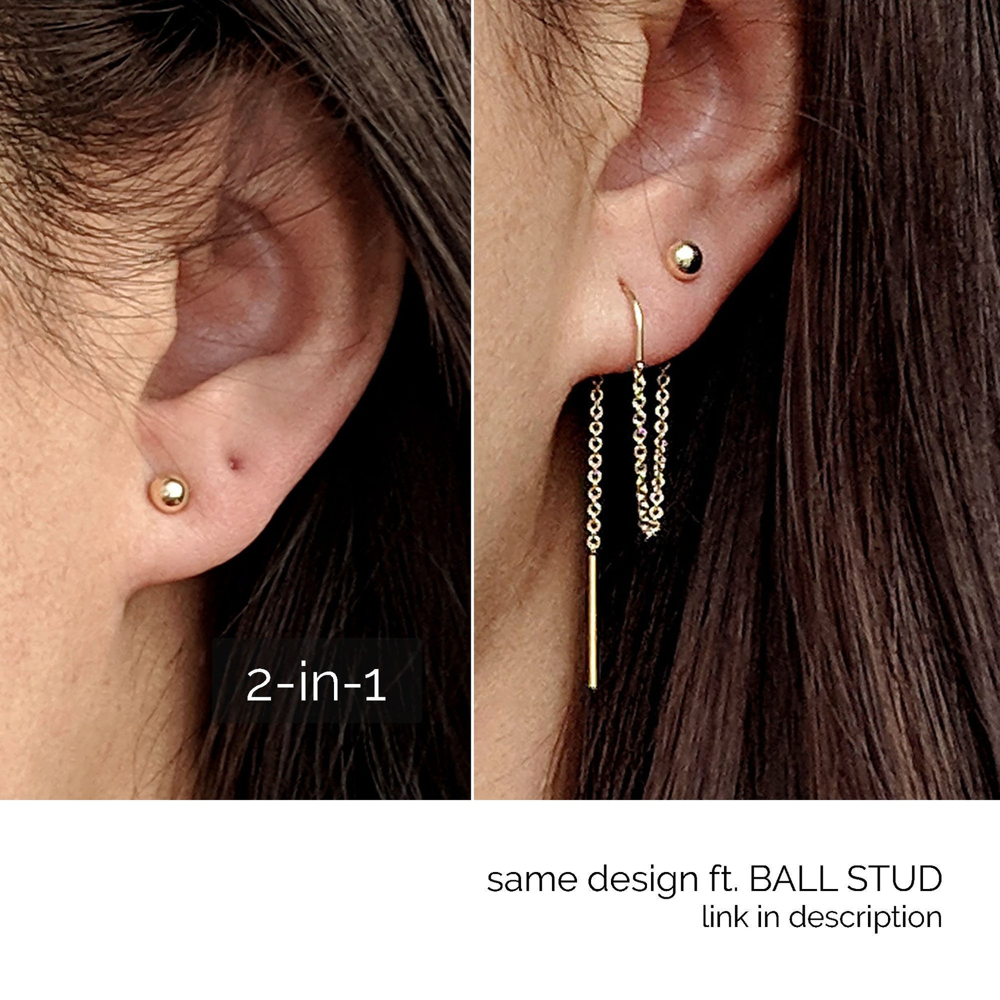 Double piercing earring Silver/gold threader earrings with CZ birthstone  StudioVy   