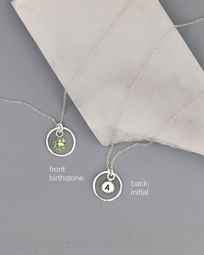 August birthstone necklace with initial & karma circle, Swarovski peridot  StudioVy   