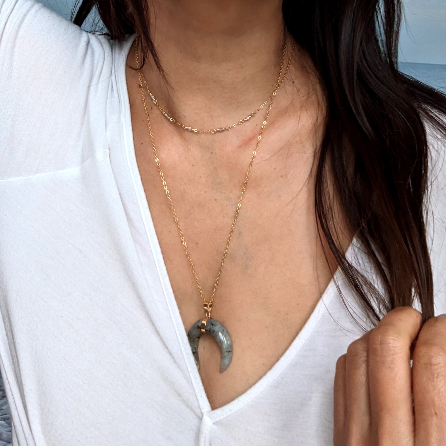 Choker collar necklace Women wire wrapped labradorite pendant necklace Gold/Silver crescent moon necklace Layering raw stone bar necklace  StudioVy   