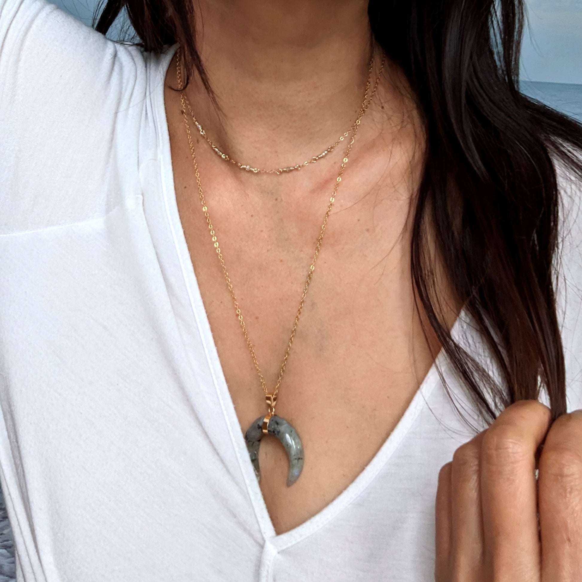 Choker collar necklace Women wire wrapped labradorite pendant necklace Gold/Silver crescent moon necklace Layering raw stone bar necklace  StudioVy   