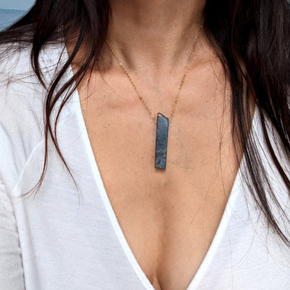 Choker collar necklace Women wire wrapped labradorite pendant necklace Gold/Silver crescent moon necklace Layering raw stone bar necklace  StudioVy   